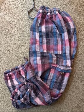 Plaid Drawstring hippie Pants in Pink & Blue with cargo pockets